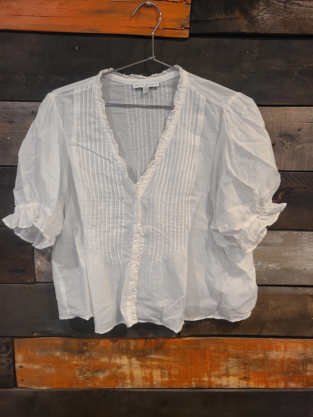 White Pintuck V-Neck Ruffle Button Blouse